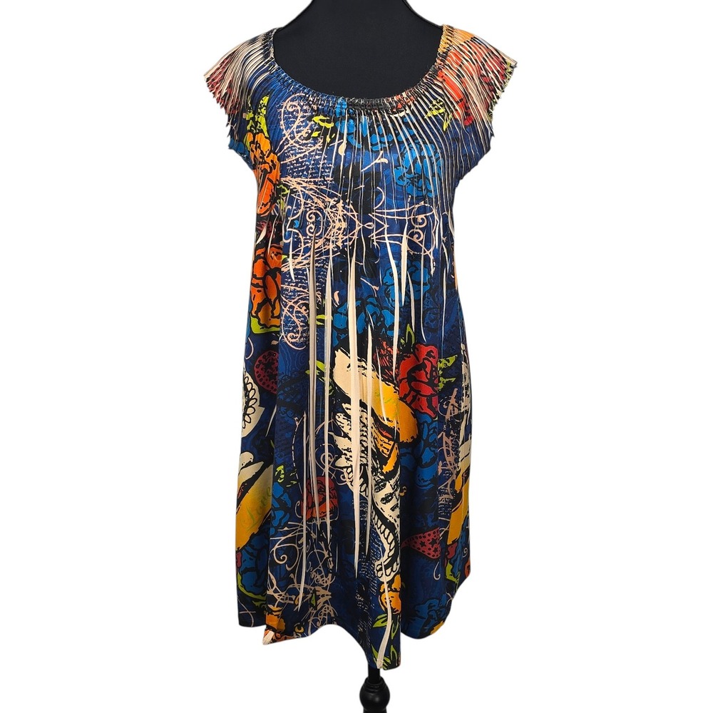 Signature by Robbie Bee Petite Abstract Floral Beaded Shift Dress Blue Artsy 4P